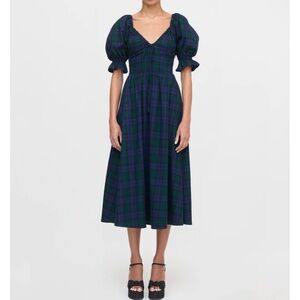 Hill House Ophelia Blackwatch Plaid Puff-Sleeve Midi Dress